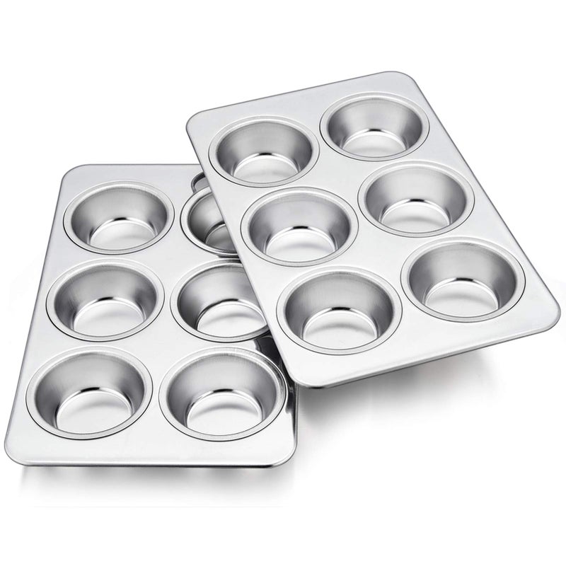 TeamFar 2 Packs Muffin Pan, Stainless Steel Muffin Cupcake Pan Tin Tray for Baking, for Mini Cakes/Tarts/Quiche, Healthy & Sturdy, Oven & Dishwasher Safe (6-Cup) - Image 1